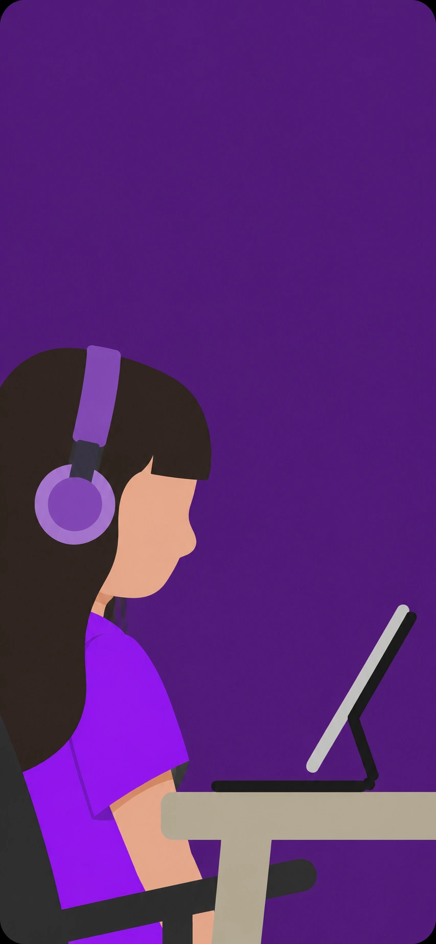 Ilustração de uma pessoa de perfil, com fones de ouvido, concentrada diante de um computador.