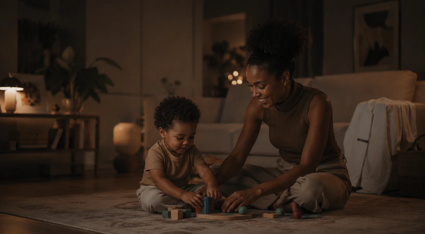 Professora e criança brincando juntas no chão da sala, em um momento de acolhimento e aprendizado.